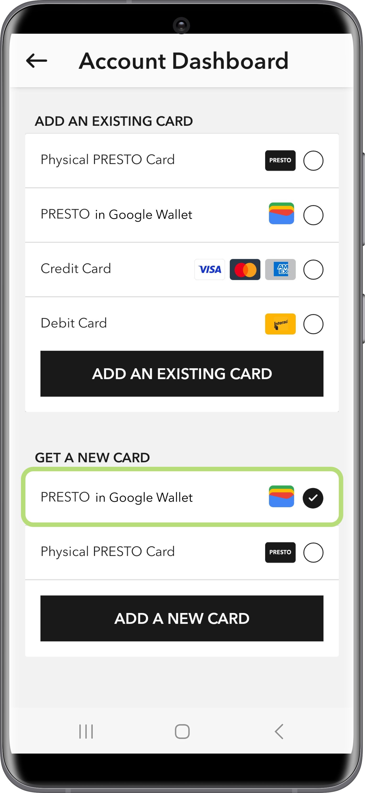 Get a new PRESTO card in Google Wallet using the PRESTO app Step 2 Screenshot