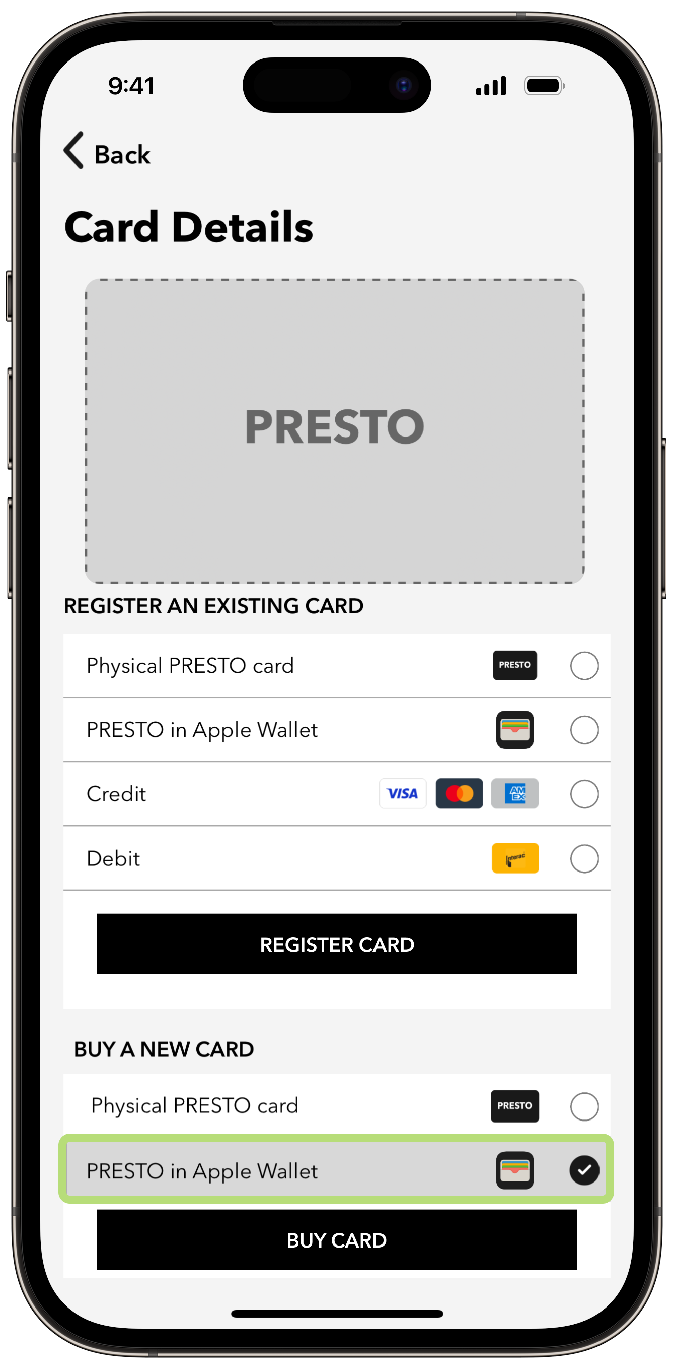 Get a new PRESTO card in Apple Wallet using the PRESTO app Step 2 Screenshot