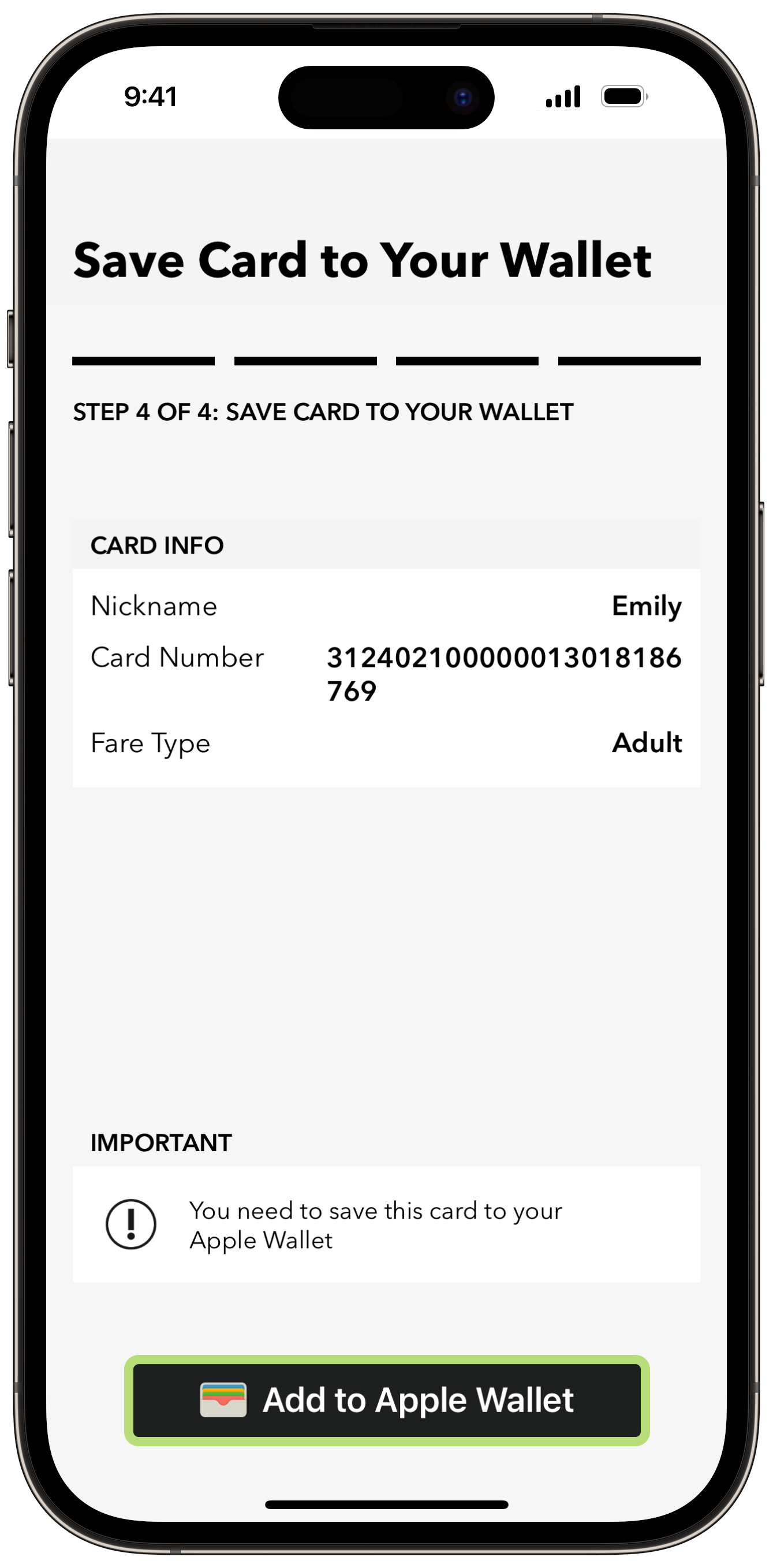 Get a new PRESTO card in Apple Wallet using the PRESTO app Step 5 Screenshot